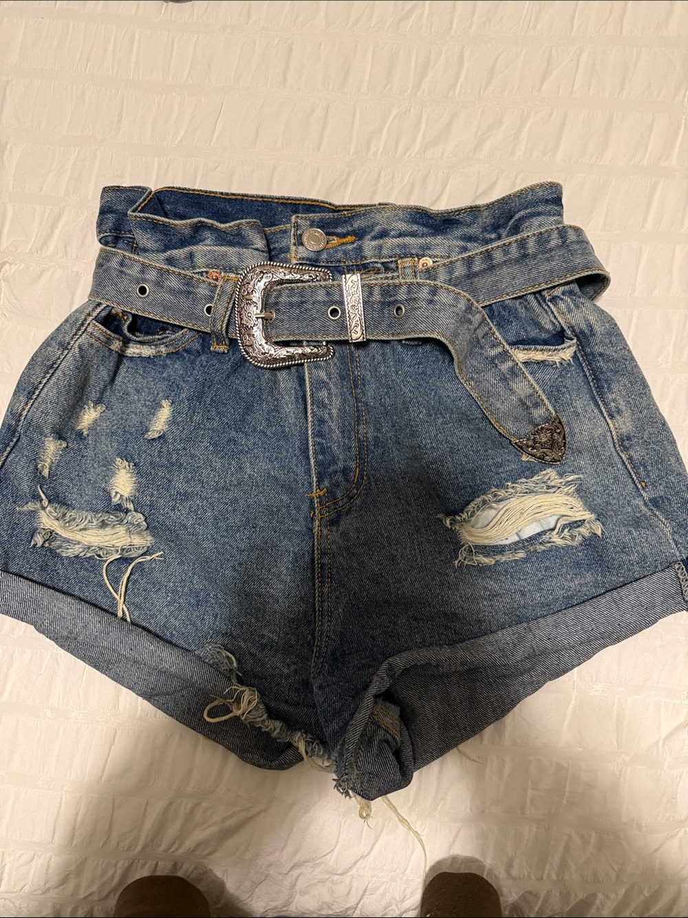 High-Rise Distressed Denim Shorts with Belt - Blue